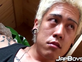 Blond japanese twink toys with hole and strokes his dick
