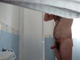 Spy hairy brother with boner in shower